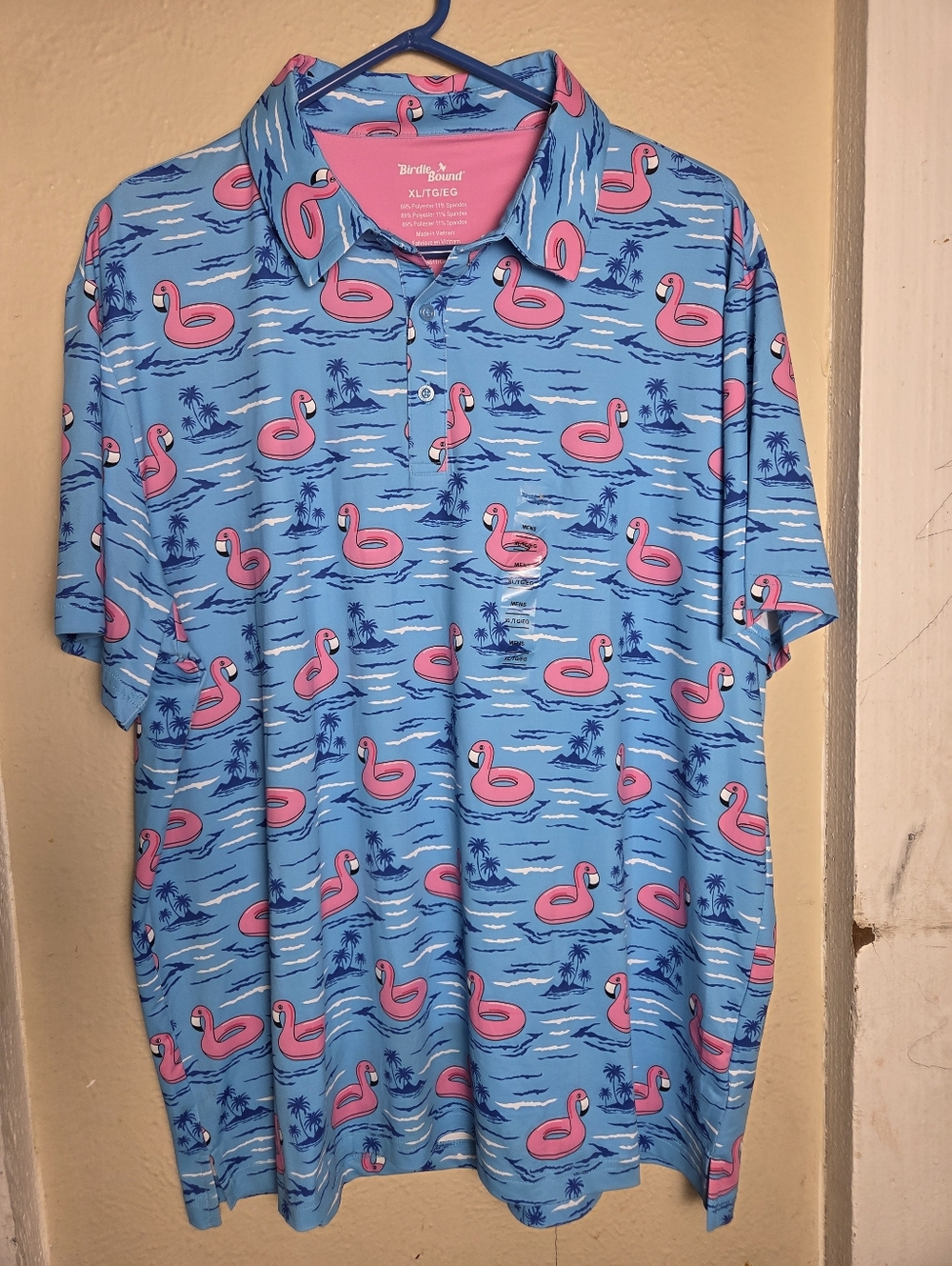 Birdie Bound Flamingos Active Shirt Blue Pink Pool PartyVacation Polo Resort XL